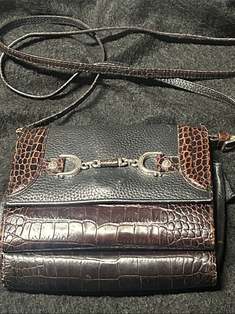 Croc-Embossed Leather Crossbody Horsebit Hardware - Dark Brown & Black used
